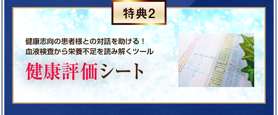 特典2 健康志向の患者様との対話を助ける！血液検査から栄養不足を読み解くツール　健康評価シート
