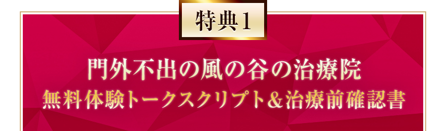 特典1 門外不出の風の谷の治療院 無料体験トークスクリプト＆治療前確認書