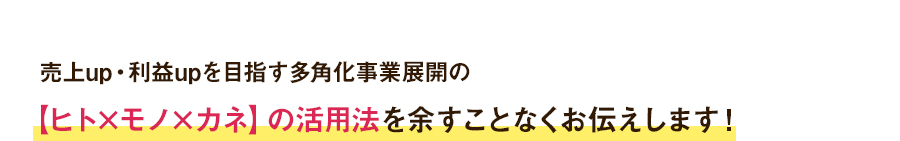 売上up・利益upを目指す多角化事業展開の【ヒト×モノ×カネ】の活用法を余すことなくお伝えします！