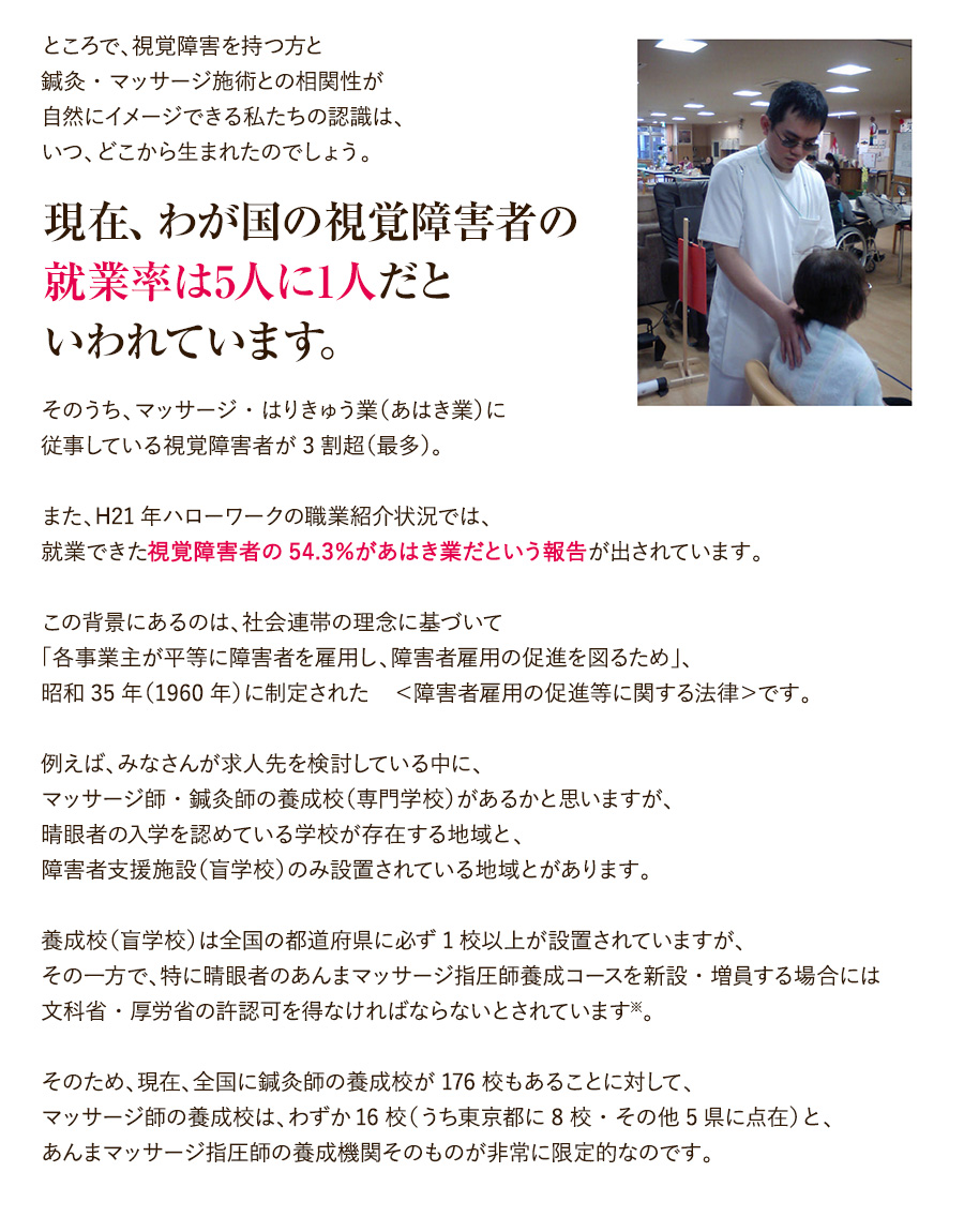 現在、わが国の視覚障害者の就業率は5人に1人だといわれています。