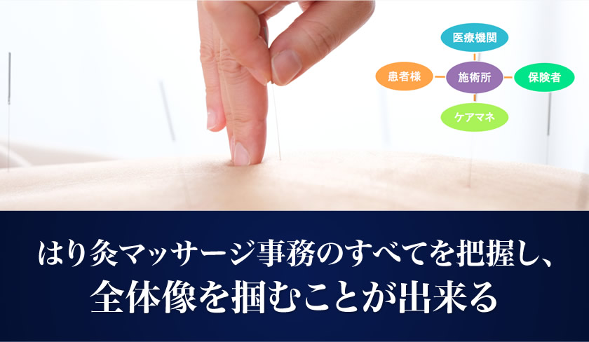 はり灸マッサージ事務のすべてを把握し、全体像を掴むことが出来る