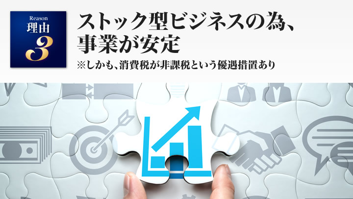 ストック型ビジネスの為、事業が安定